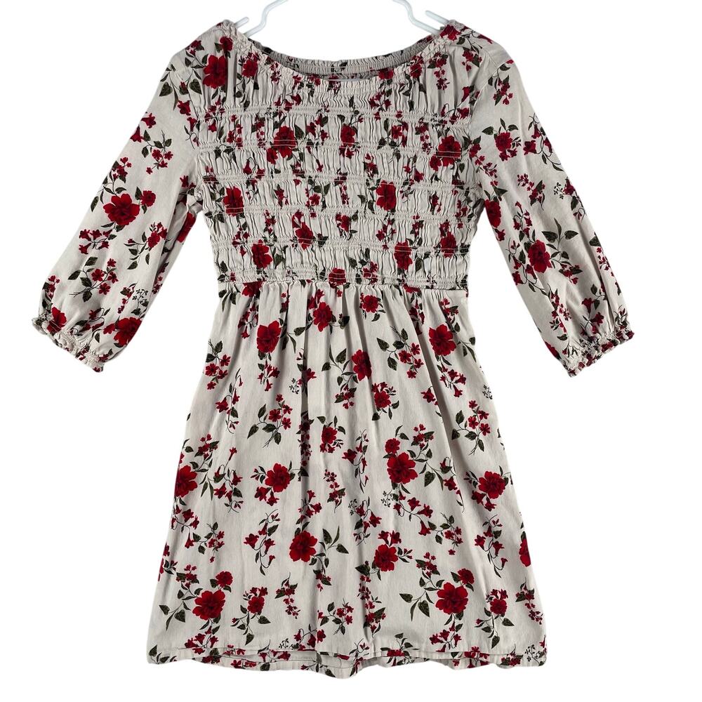 Old Navy Girls Smocked Floral Fit & Flare Dress XL 14-16 Cream Red Long Sleeve